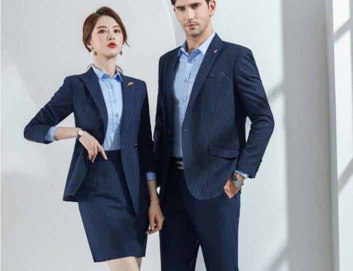 蓝色条纹双排扣男女西装套装房地产公司物业公司售楼部客服销售制服